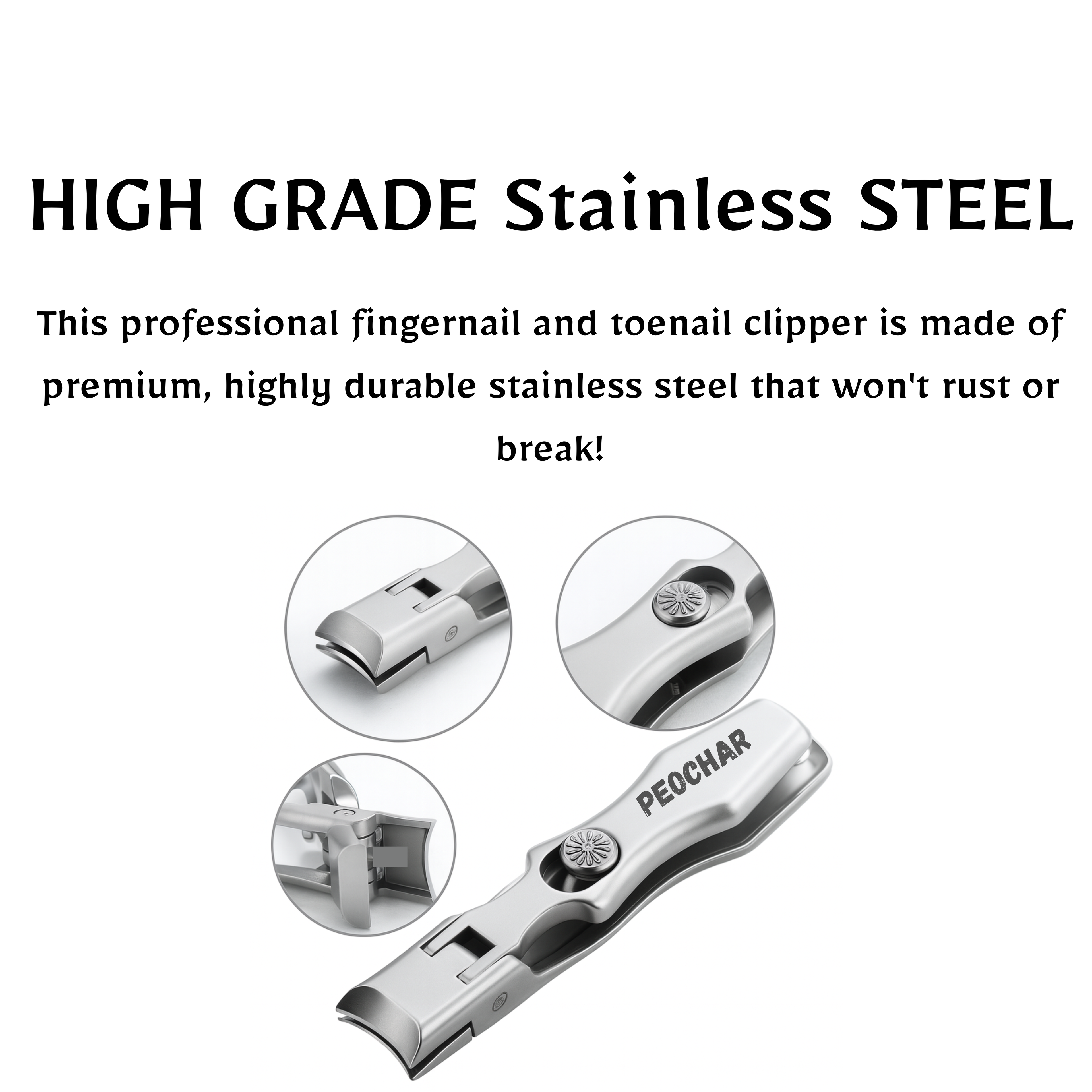 PEOCHAR® Wide Jaw Stainless Steel Nail Clippers – Anti-Splash, Sharp & Durable Precision Cutter